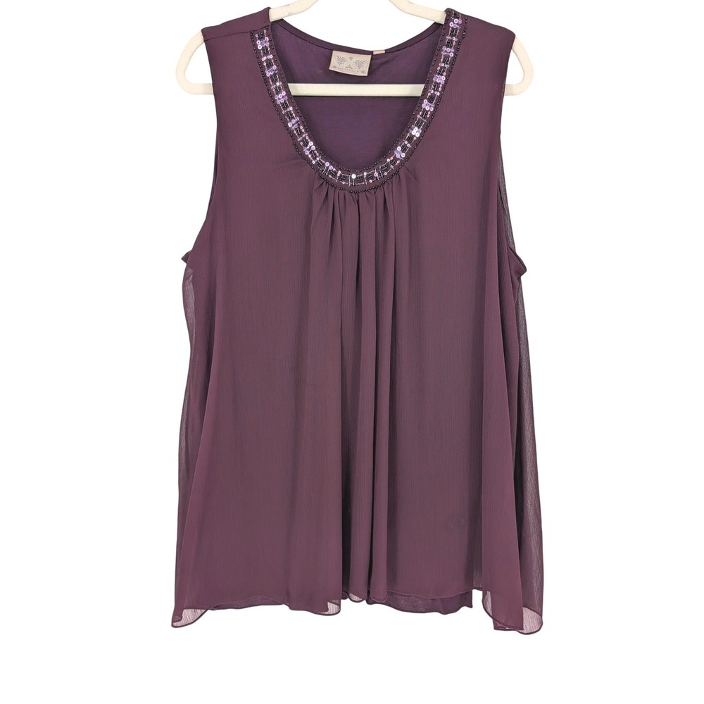 Dantelle Sleeveless‎ Blouse 1X Plum Purple Sheer Chiffon Beaded Sequin Boho Chic